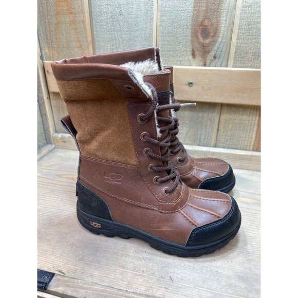 UGG US1 Youth Waterproof Brown Leather & Suede Winter Boots - Picture 1 of 8